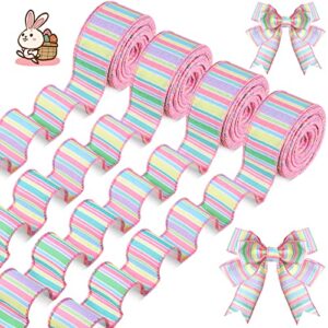4 rolls 40 yards easter wired ribbons spring pastel canvas ribbon spring decorative ribbon horizontal stripe craft ribbon for wrapping easter party crafting sewing (1.5 inch in width)