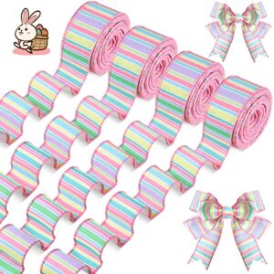 4 Rolls 40 Yards Easter Wired Ribbons Spring Pastel Canvas Ribbon Spring Decorative Ribbon Horizontal Stripe Craft Ribbon for Wrapping Easter Party Crafting Sewing (1.5 Inch in Width)