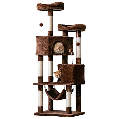 Quuzee Cat Tree for Indoor Cats - 63in Multi-Level Large Cat Tower with 2 Big Cat Condos, 2 Padded Perches, Hammock, 6 Sisal-Covered Scratching Post and Toys for Kittens Pet Play House, Brown