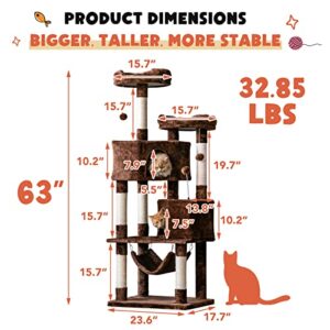 Quuzee Cat Tree for Indoor Cats - 63in Multi-Level Large Cat Tower with 2 Big Cat Condos, 2 Padded Perches, Hammock, 6 Sisal-Covered Scratching Post and Toys for Kittens Pet Play House, Brown