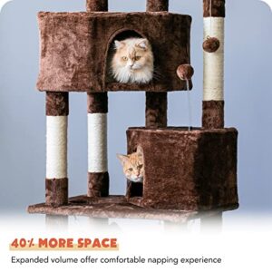 Quuzee Cat Tree for Indoor Cats - 63in Multi-Level Large Cat Tower with 2 Big Cat Condos, 2 Padded Perches, Hammock, 6 Sisal-Covered Scratching Post and Toys for Kittens Pet Play House, Brown