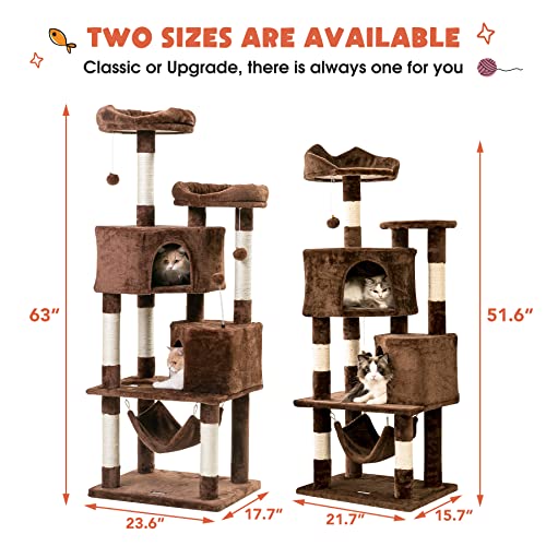 Quuzee Cat Tree for Indoor Cats - 63in Multi-Level Large Cat Tower with 2 Big Cat Condos, 2 Padded Perches, Hammock, 6 Sisal-Covered Scratching Post and Toys for Kittens Pet Play House, Brown