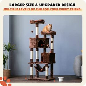 Quuzee Cat Tree for Indoor Cats - 63in Multi-Level Large Cat Tower with 2 Big Cat Condos, 2 Padded Perches, Hammock, 6 Sisal-Covered Scratching Post and Toys for Kittens Pet Play House, Brown