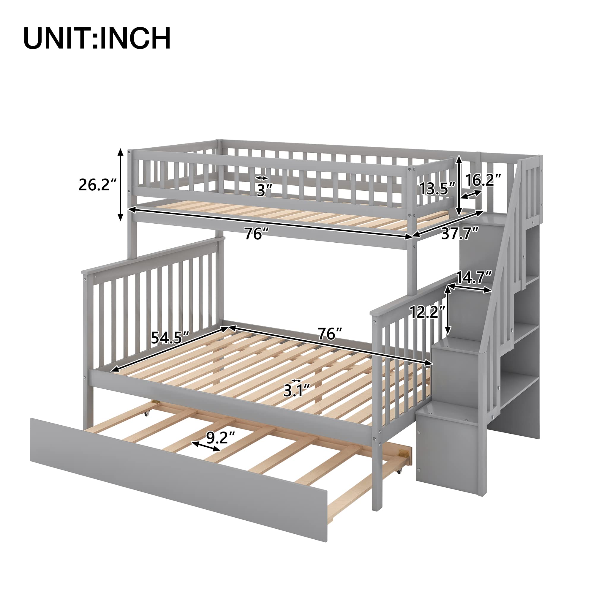 Bunk Bed with Trundle and Staircase, Solid Wood Twin Over Full Bunk Beds Frame with Storage Shelf, Safety Rail for Kids Teens, Can be Separated into 2 Beds (Twin Over Full, Grey)