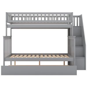 Bunk Bed with Trundle and Staircase, Solid Wood Twin Over Full Bunk Beds Frame with Storage Shelf, Safety Rail for Kids Teens, Can be Separated into 2 Beds (Twin Over Full, Grey)