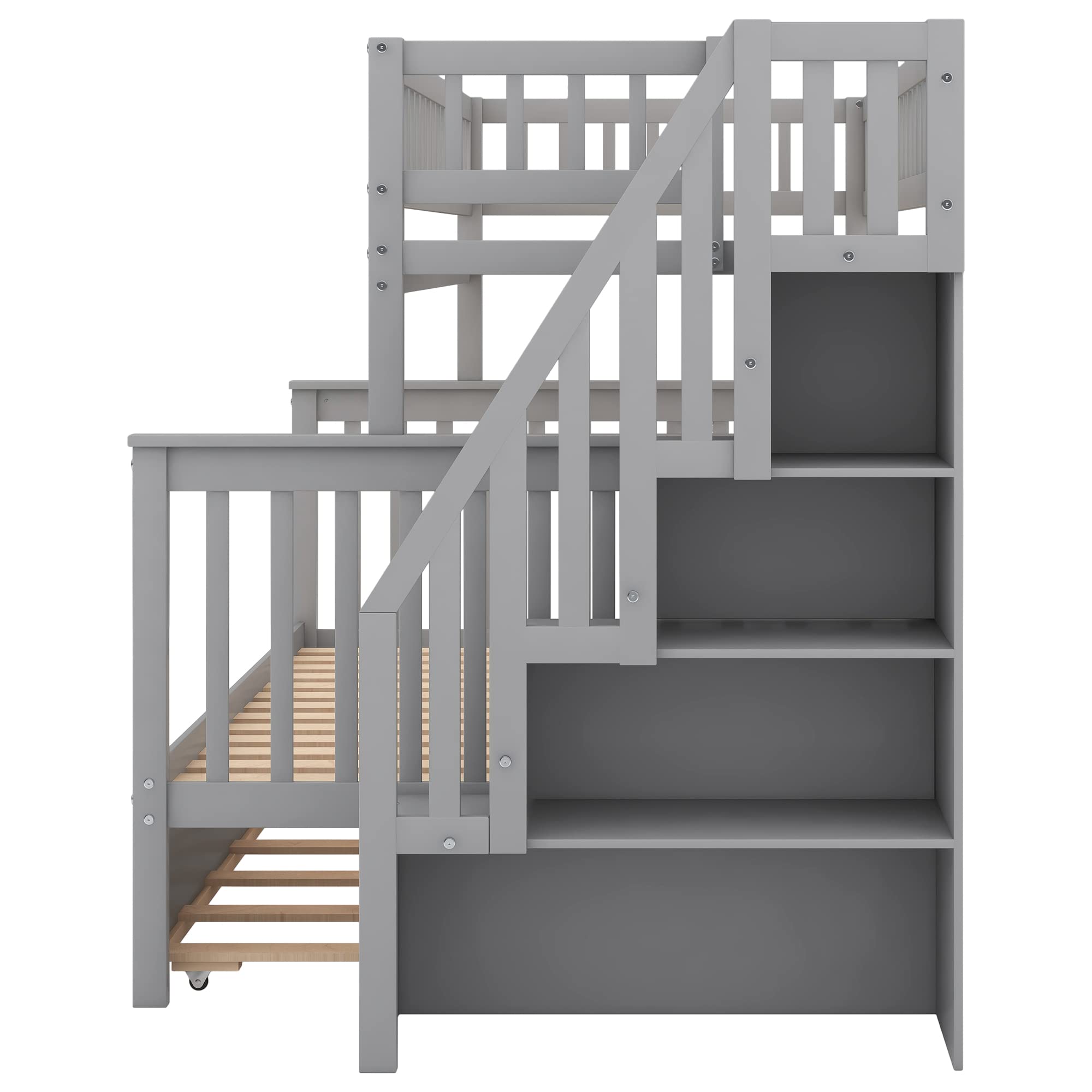 Bunk Bed with Trundle and Staircase, Solid Wood Twin Over Full Bunk Beds Frame with Storage Shelf, Safety Rail for Kids Teens, Can be Separated into 2 Beds (Twin Over Full, Grey)