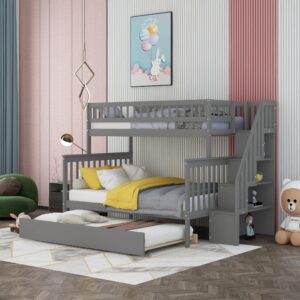 Bunk Bed with Trundle and Staircase, Solid Wood Twin Over Full Bunk Beds Frame with Storage Shelf, Safety Rail for Kids Teens, Can be Separated into 2 Beds (Twin Over Full, Grey)