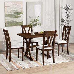 harper & bright designs 5 piece dining table set, wood rectangular dining table and 4 upholstered chairs, mid-century kitchen dining room table chairs set for 4 persons (antique brown)