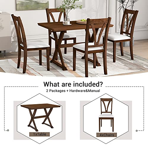 Harper & Bright Designs 5 Piece Dining Table Set, Wood Rectangular Dining Table and 4 Upholstered Chairs, Mid-Century Kitchen Dining Room Table Chairs Set for 4 Persons (Antique Brown)