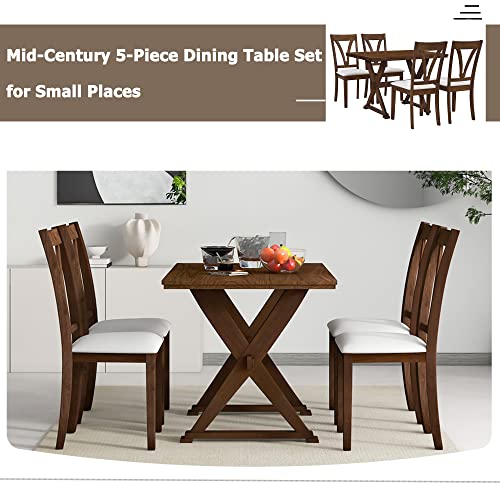 Harper & Bright Designs 5 Piece Dining Table Set, Wood Rectangular Dining Table and 4 Upholstered Chairs, Mid-Century Kitchen Dining Room Table Chairs Set for 4 Persons (Antique Brown)