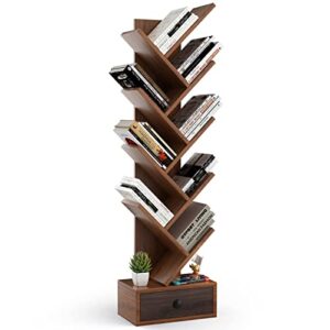 officejoy 10-tier tree bookshelf, floor standing bookshelf with drawer, small bookcase for cds, books, magazines,utility organizer shelves for living room, study, bedroom, office, school, brown