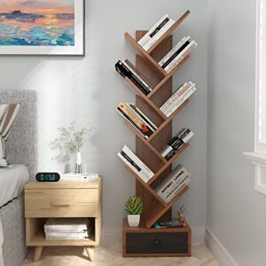 OFFICEJOY 10-Tier Tree Bookshelf, Floor Standing Bookshelf with Drawer, Small Bookcase for CDs, Books, Magazines,Utility Organizer Shelves for Living Room, Study, Bedroom, Office, School, Brown