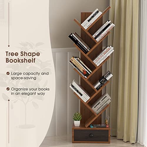 OFFICEJOY 10-Tier Tree Bookshelf, Floor Standing Bookshelf with Drawer, Small Bookcase for CDs, Books, Magazines,Utility Organizer Shelves for Living Room, Study, Bedroom, Office, School, Brown