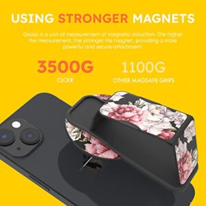 CLCKR Compact Mobile Cell Phone Grip Holder Compatible with MagSafe iPhone 15, 14 Series, Removable Magnetic Phone Kickstand with Finger Strap, 3500G Strength Magnet for Extra Strong Mount, Blossom