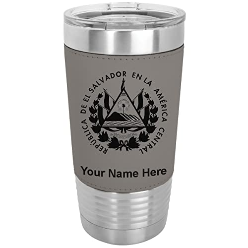 LaserGram 20oz Vacuum Insulated Tumbler Mug, Flag of El Salvador, Personalized Engraving Included (Faux Leather, Gray)