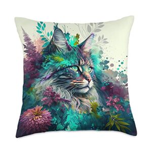 maine coon designs maine coon cat watercolor splash artistic floral throw pillow, 18x18, multicolor