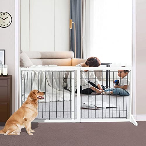 ZJSF Freestanding Doorway Dog Gate Adjustable Wooden White Expandable Pet Gate for The House Indoor Dog Gates Extra Wide Dog Fence