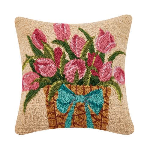 Peking Handicraft - Pink Tulips Floral Basket Hook Pillow 16x16 - 30SJM10593C16SQ