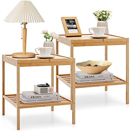 Giantex Bamboo Nightstands Set of 2, Square Bedside Table with Storage Shelf, Natural Wood End Side Table for Bedroom Home Office, Easy Assembly (2)