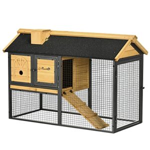 PawHut 47" Wooden Rabbit Hutch Outdoor with Run, Metal Frame, 2-Story Bunny Rabbit Cage with Removable Tray, Ramp, Bunny Hutch with Space-Saving Design