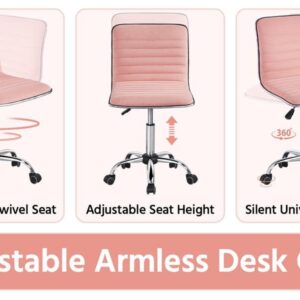 Topeakmart Armless Office Desk Chair Velvet Swivel Computer Chair Ribbed Task Chair Modern Makeup Chair Apricot Pink