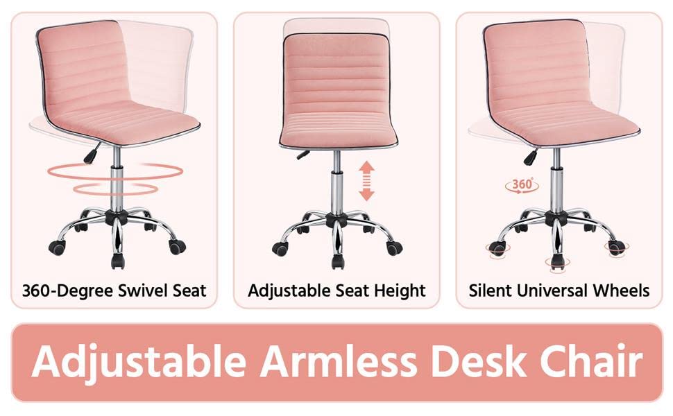 Topeakmart Armless Office Desk Chair Velvet Swivel Computer Chair Ribbed Task Chair Modern Makeup Chair Apricot Pink