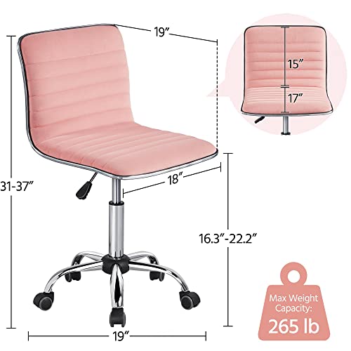 Topeakmart Armless Office Desk Chair Velvet Swivel Computer Chair Ribbed Task Chair Modern Makeup Chair Apricot Pink