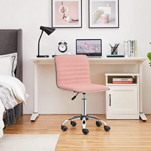 Topeakmart Armless Office Desk Chair Velvet Swivel Computer Chair Ribbed Task Chair Modern Makeup Chair Apricot Pink