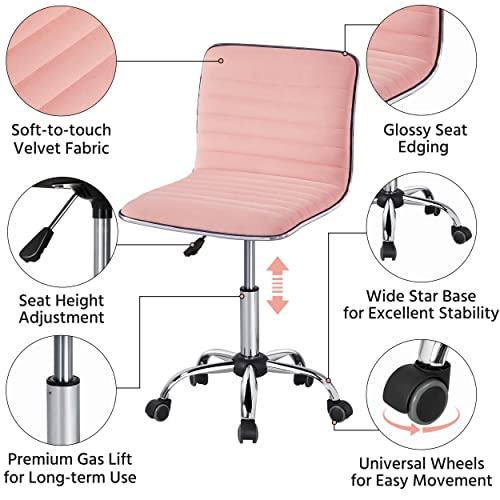 Topeakmart Armless Office Desk Chair Velvet Swivel Computer Chair Ribbed Task Chair Modern Makeup Chair Apricot Pink