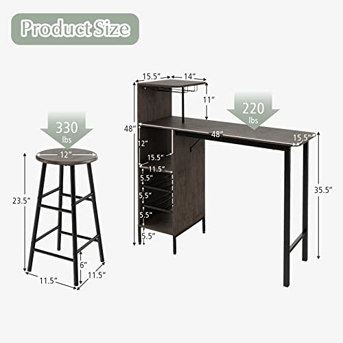 Giantex 3 Pieces Bar Table and Stools Set, Bistro Table Set with Glass Holder, 2 Tier Wine Rack & Storage Shelves, Kitchen Counter Table with 2 Stools for Home, Dining Room, Restaurant, Pub (Brown)