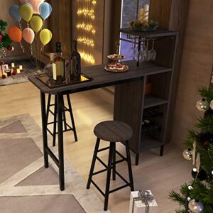 Giantex 3 Pieces Bar Table and Stools Set, Bistro Table Set with Glass Holder, 2 Tier Wine Rack & Storage Shelves, Kitchen Counter Table with 2 Stools for Home, Dining Room, Restaurant, Pub (Brown)