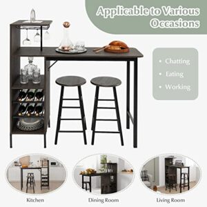 Giantex 3 Pieces Bar Table and Stools Set, Bistro Table Set with Glass Holder, 2 Tier Wine Rack & Storage Shelves, Kitchen Counter Table with 2 Stools for Home, Dining Room, Restaurant, Pub (Brown)