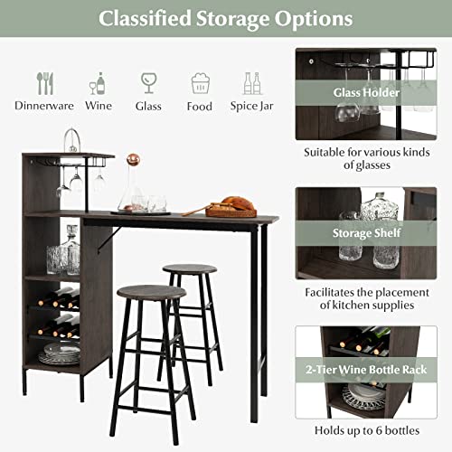 Giantex 3 Pieces Bar Table and Stools Set, Bistro Table Set with Glass Holder, 2 Tier Wine Rack & Storage Shelves, Kitchen Counter Table with 2 Stools for Home, Dining Room, Restaurant, Pub (Brown)