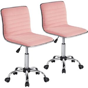 Yaheetech 2PCS Low Back Velvet Chairs Swivel Armless Desk Chair Ribbed Task Chair w/Lumbar Support, Wheels Apricot Pink