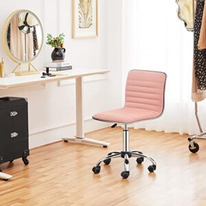 Yaheetech 2PCS Low Back Velvet Chairs Swivel Armless Desk Chair Ribbed Task Chair w/Lumbar Support, Wheels Apricot Pink