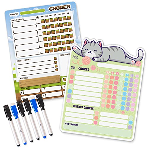 Willa Flare Fridge Chore Charts | Magnetic Chore Chart for Multiple Kids and Adults | Helps to Reward Responsibility with Family Chores Charts | Wet and Dry Markers (Block Craft and Gray Cat Weekly)