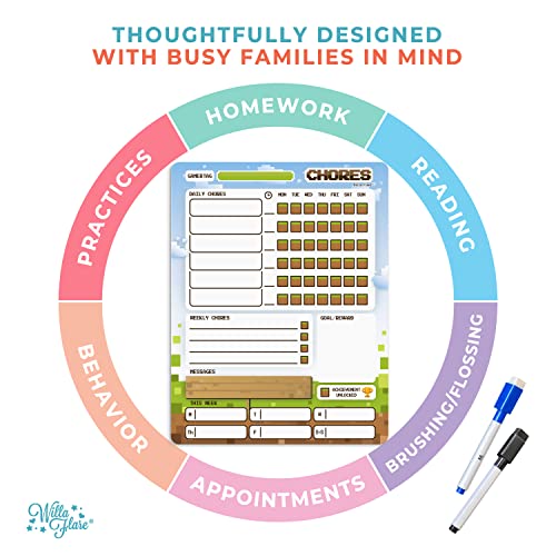 Willa Flare Fridge Chore Charts | Magnetic Chore Chart for Multiple Kids and Adults | Helps to Reward Responsibility with Family Chores Charts | Wet and Dry Markers (Block Craft and Gray Cat Weekly)