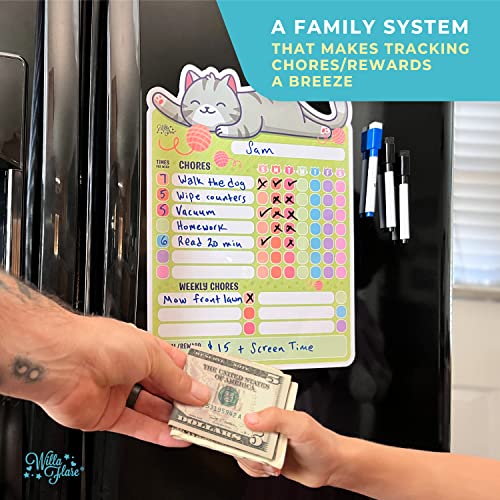 Willa Flare Fridge Chore Charts | Magnetic Chore Chart for Multiple Kids and Adults | Helps to Reward Responsibility with Family Chores Charts | Wet and Dry Markers (Block Craft and Gray Cat Weekly)