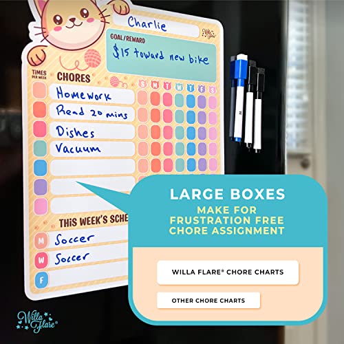 Willa Flare Fridge Chore Charts | Magnetic Chore Chart For Multiple Kids and Adults | Helps to Reward Responsibility with Family Chores Charts | Wet and Dry Markers (Gray Cat Weekly and Brown Ca)