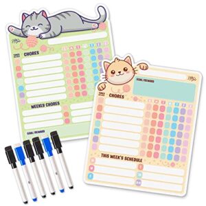willa flare fridge chore charts | magnetic chore chart for multiple kids and adults | helps to reward responsibility with family chores charts | wet and dry markers (gray cat weekly and brown ca)