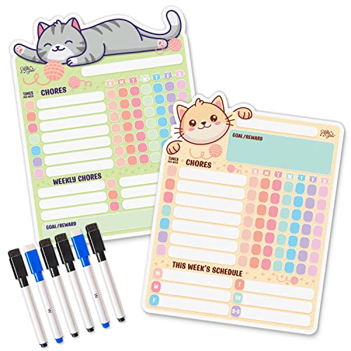 Willa Flare Fridge Chore Charts | Magnetic Chore Chart For Multiple Kids and Adults | Helps to Reward Responsibility with Family Chores Charts | Wet and Dry Markers (Gray Cat Weekly and Brown Ca)