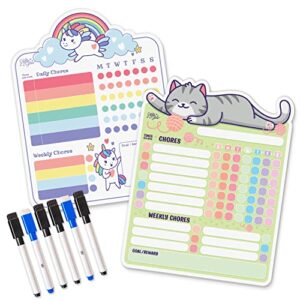 willa flare fridge chore charts | magnetic chore chart for multiple kids and adults | helps to reward responsibility with family chores charts | wet and dry erase markers (unicorn and gray cat)