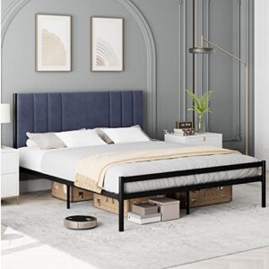 homhougo twin bed frame, platform bed frame with velvet headboard, heavy duty metal bed frame with 15 strong slats support, box spring optional, easy assembly, grey