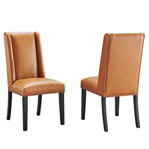 modway baron modern tall back wood vegan leather upholstered two dining chairs in tan