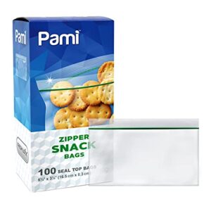 pami zipper snack bag [100 pieces] - freshness-lock small food storage bags with - food-safe zip plastic bags for pretzels, cookies, nuts, fruits - resealable snack baggies for school & work