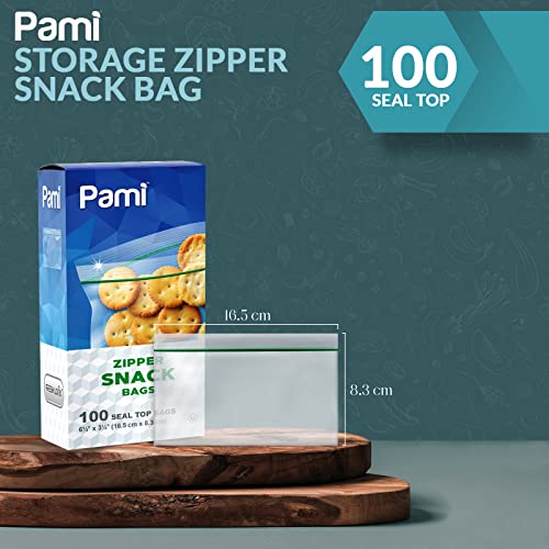 PAMI Zipper Snack Bag [100 Pieces] - Freshness-Lock Small Food Storage Bags With - Food-Safe Zip Plastic Bags For Pretzels, Cookies, Nuts, Fruits - Resealable Snack Baggies For School & Work