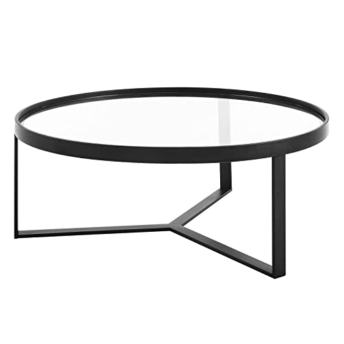 Modway Coffee Table Relay Glass and Metal Round in Black