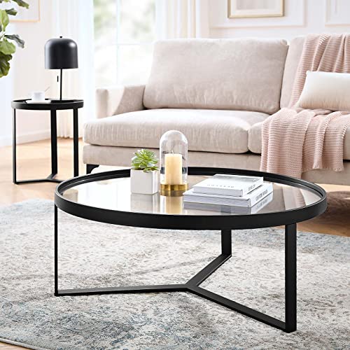 Modway Coffee Table Relay Glass and Metal Round in Black