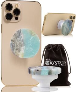 crystalfy amazonite natural edge crystal phone grip & phone stand: authentic natural gemstone swappable top, expandable collapsible holder for smartphones and tablets