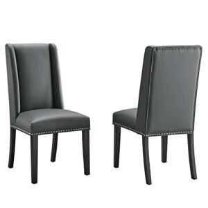 modway baron modern tall back wood vegan leather upholstered two dining chairs in gray